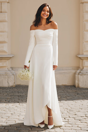 Ivory Satin Sheath Off The Shoulder Asymmetrical Wedding Dress with Sleeves